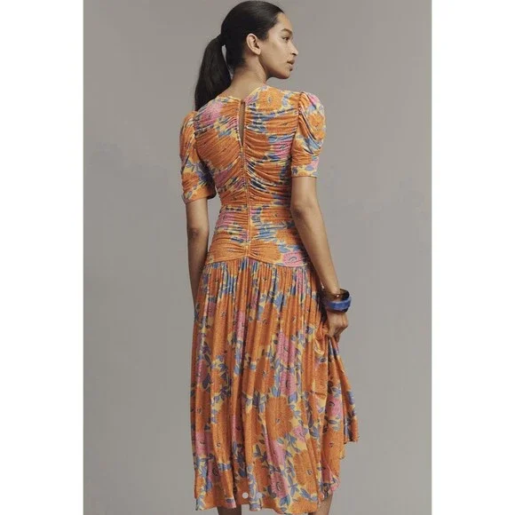 Farm Rio Anthropologie Midi Dress Ruched Orange Floral V Neck Preppy Small NWT